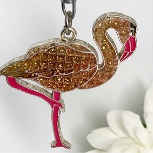 Flamingo Bag Charm Key Ring Pink Gold Crystals Enameled Silver Tone Metal NEW